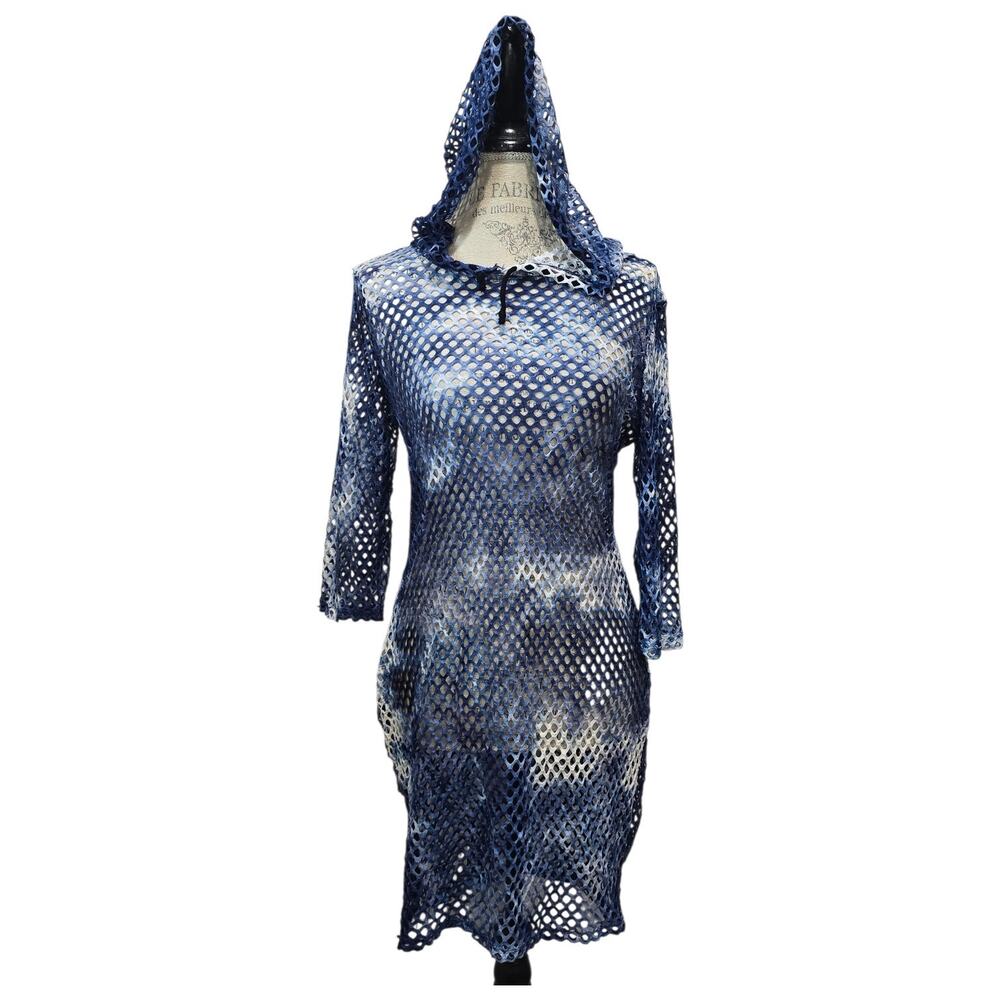 Cleo Blue & White Tie-Dye Open Mesh Hooded Swim Cover-Up Dress